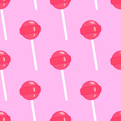 Seamless pattern with red lollipops isolated on pink background. Cartoon retro style sweet candy vector wallpaper.