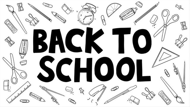 Back To School doodle animation. Handwritten typescript with various stationary tools. 4K video of school supplies fading into frame. For retail marketing promotion, education, and business