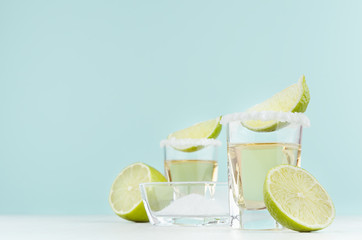 Tequila alcohol shot drink with salty rim, piece lime, salt in bowl  on soft light pastel green...