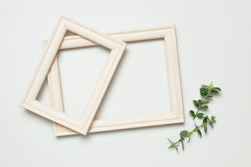 White wooden photo frame and spring green twigs of plants on gray background. Flat lay top view copy space. Stylish minimal composition, artwork mockup, picture frame, home decoration