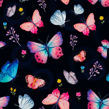Seamless pattern with bright watercolor butterflies