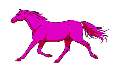 Hand drawn vector illustration of running horse in red-pink tones.
