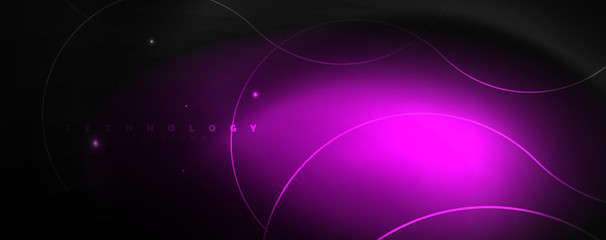 Dark abstract background with bright color neon lights and lines. Glowing background