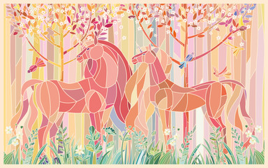 Stained glass horses unicorns in pink green colors. Imitation colored glass © Евгений Казанцев