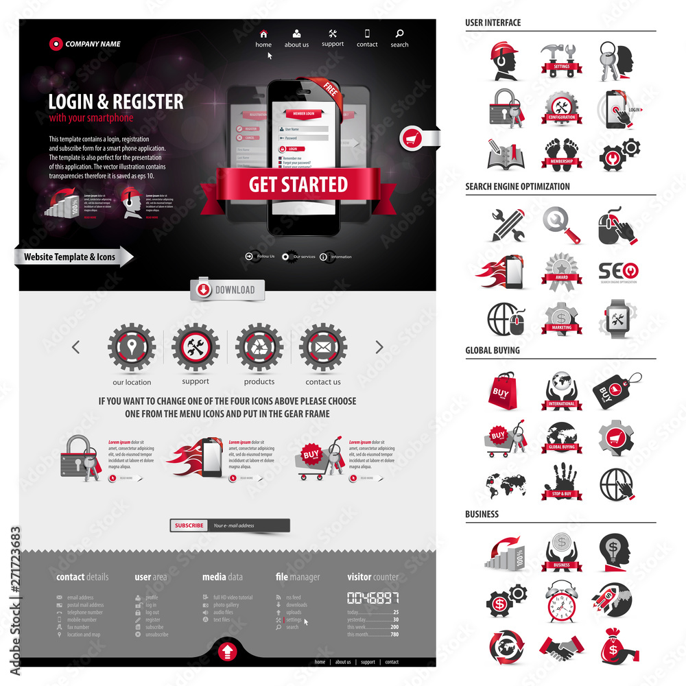 Wall mural one page website template and icon set containing a full pack of web elements, 100 icons, business/s