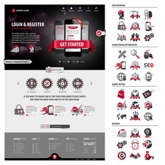 one page website template and icon set containing a full pack of web elements, 100 icons, business/seo symbols, ui/ux kit, modern vector illustration concepts, dynamic 3d header design and background