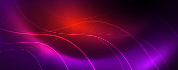 Shiny neon lights, dark abstract background with blurred magic neon light curved lines