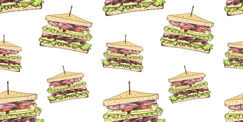 Vector Seamless Pattern, Sandwiches Background, Colorful Illustration Template, Fast Food.