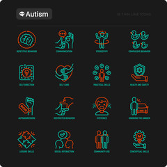 Autism symptoms and adaptive skills thin line icons set: repetitive behavior, stereotypy, ignoring of danger, autoaggression, hysterics, social interaction. Modern vector illustration for black theme.