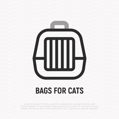 Pet transport bag thin line icon. Modern vector illustration of carrying equipment for cat or dog.