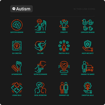 Autism symptoms and adaptive skills thin line icons set: repetitive behavior, stereotypy, ignoring of danger, autoaggression, hysterics, social interaction. Modern vector illustration for black theme.