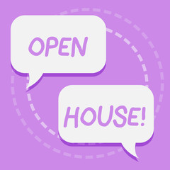 Handwriting text writing Open House. Conceptual photo place or situation in which all visitors are welcome come Two Blank White Speech Balloon Engaging in Conversation on Pastel Backdrop