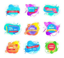 Set of watercolor sale labels on abstract liquid shapes isolated. Mega discounts and final price, special offer percent off promo adverts on color tags