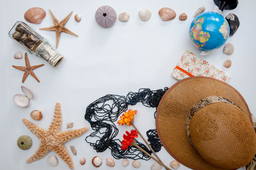 Top view of Traveler's accessories on white background