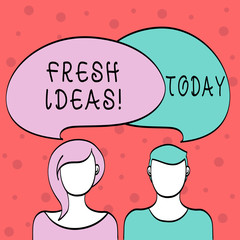 Word writing text Fresh Ideas. Business photo showcasing thought or suggestion as to a possible course of action Blank Faces of Male and Female with Colorful Blank Speech Bubble Overlaying