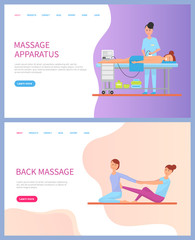 Apparatus massage for back of lying woman with towel, cosmetics under table and siting doctor stretching client on floor. Relaxation of body vector