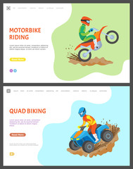Motorbike and quad biking vector, people riding bikes in dirt and mud, competition race and challenge for men. Motorcycle driver with helmet. Website or webpage template, landing page flat style