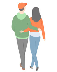 Happy couple back view, vector man in red cup, green hoodie and trousers and woman in red sweater and jeans isolated cartoon people, dating lover