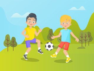 Children having fun outdoors vector, boys and kids on nature. Trees and clear sky, sports games on nature, football active lifestyle and happy childhood