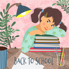 Back to school. Cute vector illustration of a sitting over the books student. Girl, books, notebook, flowers and desk lamp on a table.