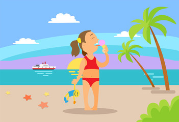 Fototapeta na wymiar Girl holding toy and eating ice-cream on beach, child in red swimsuit standing on sand, sunset and ocean view with ship, palm trees and cloudy sky vector