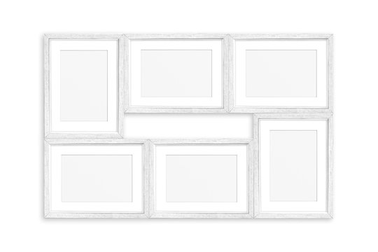 Frames collage, six white painted realistic frameworks set isolated on white wall