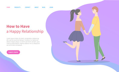 Obraz na płótnie Canvas How to build happy relationships, dating teenagers, girl and boy cartoon people. Vector students in love, male and female holding hands. Website or webpage template, landing page flat style