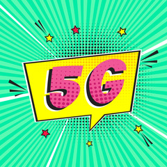 5G new wireless internet wifi connection comic style speech bubble exclamation text 5g flat style design vector illustration isolated on rays background. New mobile internet 5g sign icon in balloon.