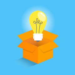 Lightbulb in the box. Business idea concept with symbol of ideas - glowing lightbulb isometric style design isolated on light blue background.
