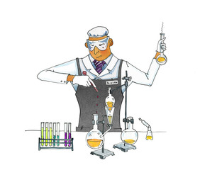 Crazy chemist. Man in overalls conducts chemical experiments. Test tubes and flasks on a tripod. Sublimation and distillation of liquids. Watercolor humorous illustration.