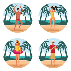 Summer people and beach round icons