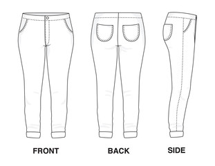Isolated Trouser Pants Skinny Jeans object of clothes and fashion stylish wear fill in blank shirt. Regular Leg Casual Pockets Denim Sports Illustration Vector Template. Front, back and side view
