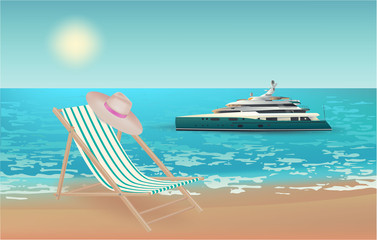 Luxury Yacht on the beach, Beach Chair and hat