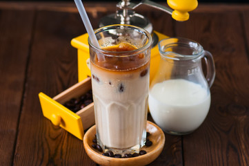 Fresh iced coffee in a tall glass