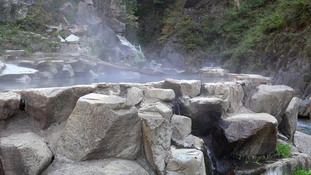 Hot pool in the Jigokudani Monkey Park by autumn.  Yamanouchi, Nagano Prefecture, Japan