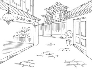 Asia old street graphic black white city landscape sketch illustration vector