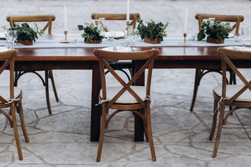 Eco-friendly, wedding decor. Wooden table newlyweds for a party.