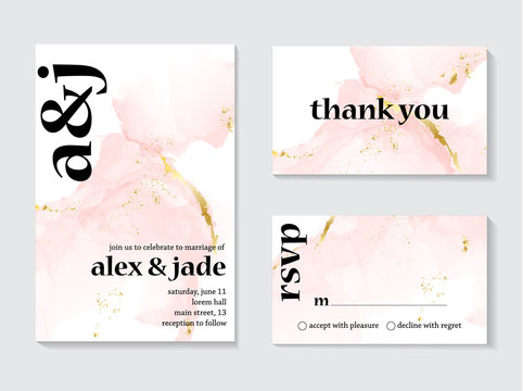 Wedding Rose Gold  Invitations Concept And Card Template Design With Painted Canvas Pink And Gold Foil In Luxurious Tender Soft Style Vector Illustration