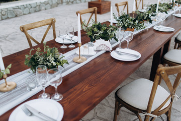 Eco-friendly, wedding decor. Wooden table newlyweds for a party.