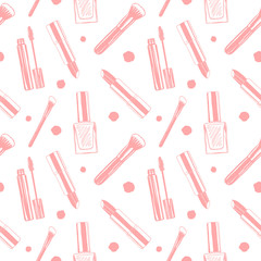 Beauty, makeup vector seamless pattern with cosmetics