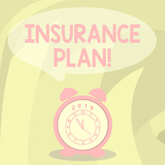 Word writing text Insurance Plan. Business photo showcasing provide benefits like risk cover fixed income return safety Round Blank Speech Balloon in Pastel Shade and Colorful Analog Alarm Clock