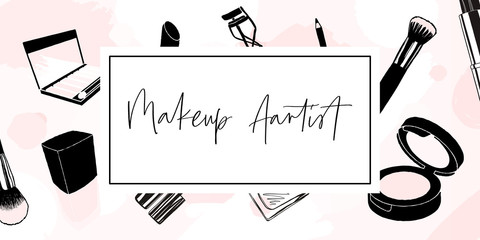 Makeup banner, template for makeup artist. Hand drawn vector illustration