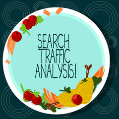 Word writing text Search Traffic Analysis. Business concept for network bandwidth monitoring software or application Hand Drawn Lamb Chops Herb Spice Cherry Tomatoes on Blank Color Plate