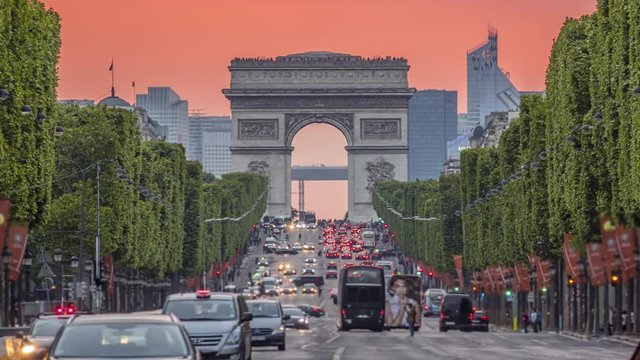 Champs Elysees and the Arc de Triomphe at Sunset. Time Lapse