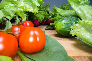 Home grown and harvested vegetables on wooden table background. Fresh lettuce, salad, tomato, radish, spinach and cucumber. Healthy eating lifestyle