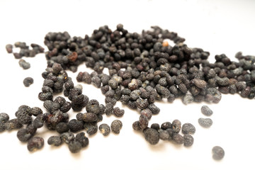 Macro shot of dried pile of poppy seeds isolated on white background