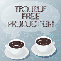 Handwriting text writing Trouble Free Production. Concept meaning Without problems or difficulties in the production Sets of Cup Saucer for His and Hers Coffee Face icon with Blank Steam