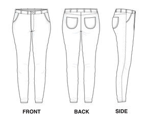 Isolated Trouser Pants Skinny Jeans object of clothes and fashion stylish wear fill in blank shirt. Regular Leg Casual Pockets Denim Sports Illustration Vector Template. Front, back and side view 