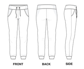 Isolated Trouser Pants Shorts object of clothes and fashion stylish wear fill in blank shirt. Regular Leg Casual Sweat Pants Sweats Sports Illustration Vector Template. Front, back and side view