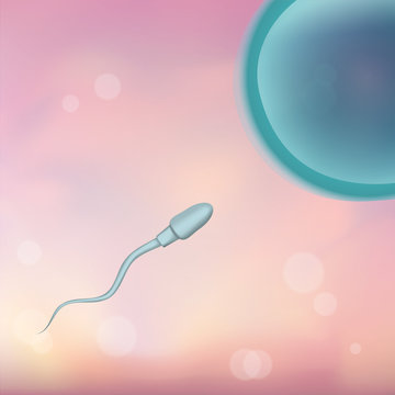 Spermatozoon sperm and ovum egg. In vitro fertilization IVF. Artificial insemination. Spermogram. Male infertility. Illustration for web or typography, brochure, flyer, poster. Blurred pink background